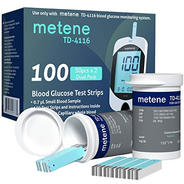 Metene TD-4116 Blood Glucose Test Strips, 100 Count Blood Sugar Test Strips for Diabetes, Use with Metene TD-4116 Blood Glucose Monitoring System Only