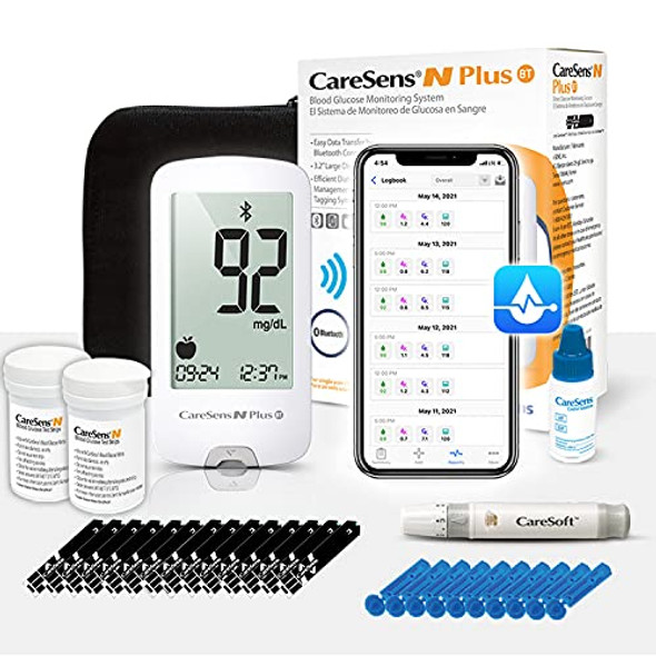 CareSens N Plus Bluetooth Blood Diabetes Monitoring Kit (Auto Coding) - 1 Glucose Meter with 100 Glucose Test Strips, 1 Control Solution, 1 Lancing Device, 100 Lancets, 1 Case, 2 Batteries