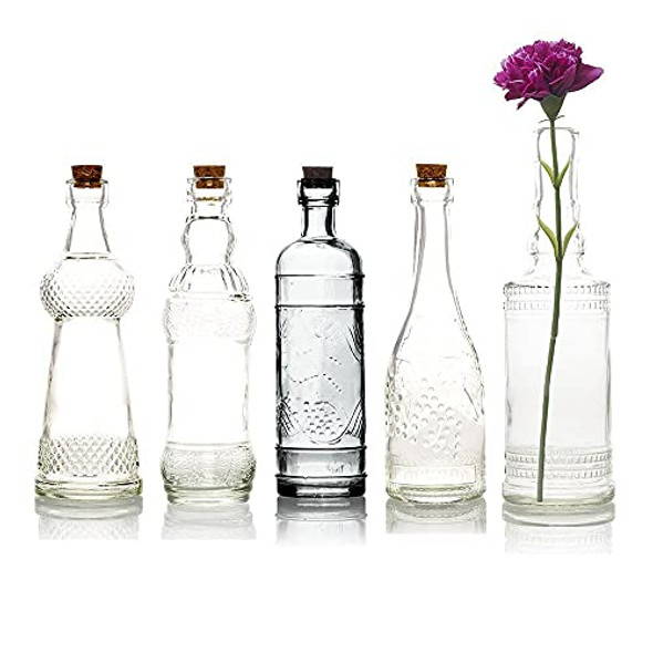 Royal Flush Clear Vintage Glass Bottles Set - (5 Pack, Assorted Designs)