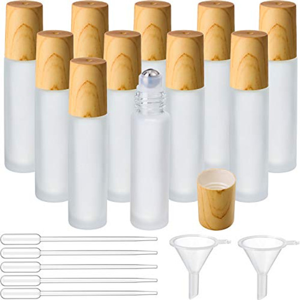 10 Piece Frosted Glass Roller Bottle Bulk with Imitation Wood Grain Plastic Cap for Essential Oils Roll-on Bottle with Stainless Steel Roller Ball, 10 Piece Plastic Pipette and 2 Piece Funnel (10 ml)