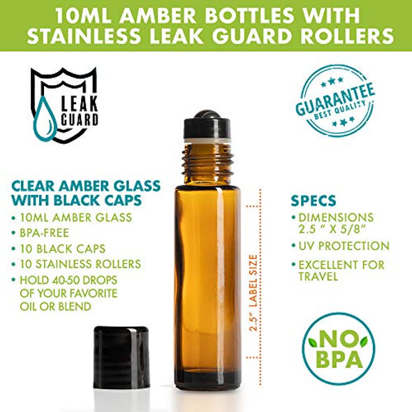 Your Oil Tools 10ml Amber Glass Roller Bottles with Stainless Leak Guard Rollers & Black Caps