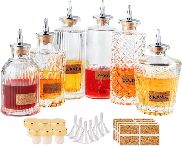 Bitters Bottle Set of 6 - Dasher Bottles for Cocktails with Zinc alloy Dash Tops and Stoppers with tray, Dispenser Bottles, Barware Set for Home Bar, SC040
