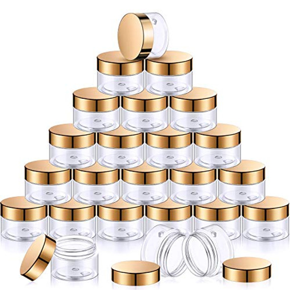 24 Pieces Empty Clear Plastic Jars with Lids Round Storage Containers Wide-Mouth for Beauty Product Cosmetic Cream Lotion Liquid Slime Butter Craft and Food (Gold Lid,1 oz)