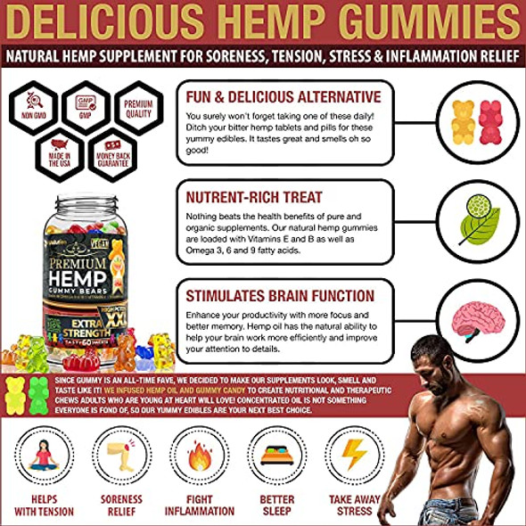 Wellution Hemp Gummies Extra Strength XXL High Potency Vegan - Fruity Gummy Bear with Hemp Oil. Natural Hemp Candy Supplements for Stress & Inflammation. Promotes Sleep & Calm Mood.