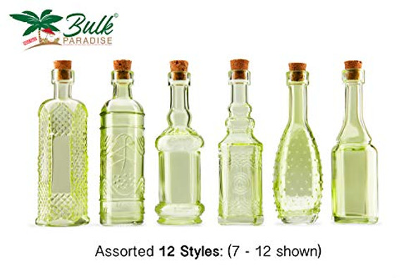 Small Mini Green Vintage Glass Bottles with Corks, Mini Vases, Decorative, Potion, Assorted Design Set of 12 pcs, 4.6 Inch Tall (11.43cm), 1.4 Inch Wide (3.56cm)