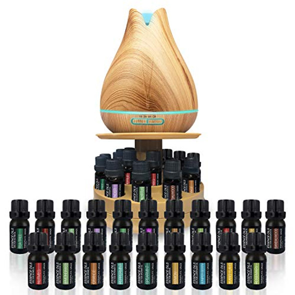 Aromatherapy Essential Oil Diffuser Gift Set with 20 Oils and Rotating Display Stand - 400ml Ultrasonic Diffuser with 20 Essential Plant Oils - 4 Timer & 7 Ambient Light Settings