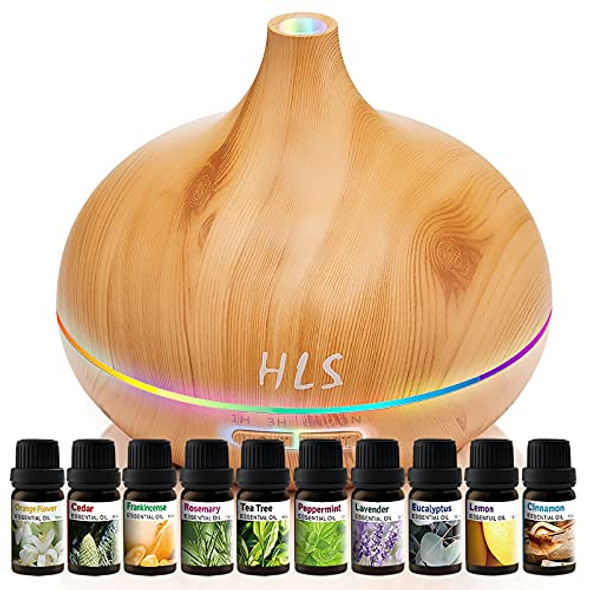 Aroma Humidifier for Essential Oil Large Room Diffuser Set with 10 Essential Oils, Aromatherapy Ultrasonic 550ml Diffusers for Essential Oil, Bedroom Vaporizer Cool Mist Humidifier for Home and Office
