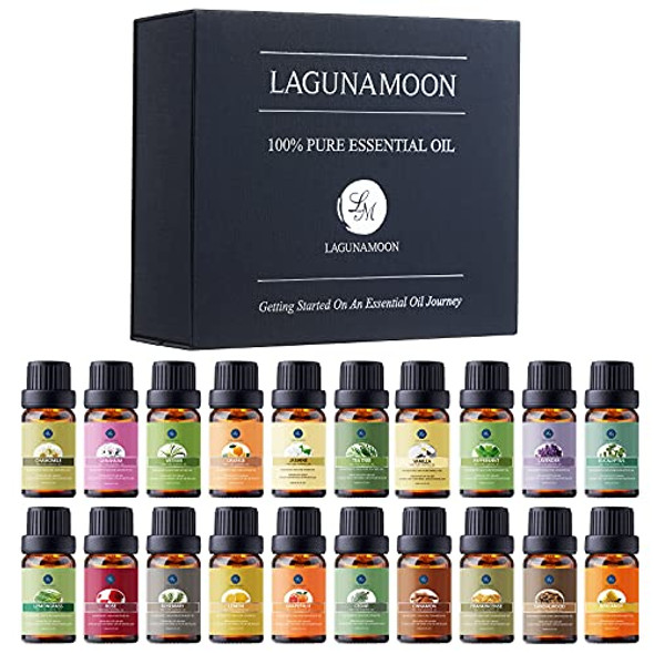 Lagunamoon Premium Essential Oils Set, 20 Pcs Pure Natural Aromatherapy Oils Lavender Frankincense Peppermint Rose Rosemary Sandalwood