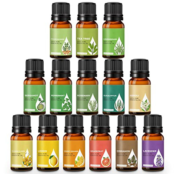 Essential Oils Top 14 Pure Aromatherapy Oils, 14*10ml Essential Oil for Diffusers for Home, Essential Oil Set Skin Care, Hair Oil, Massage Oil, Lavender, Sweet Orange, Tea Tree, Eucalyptus and More