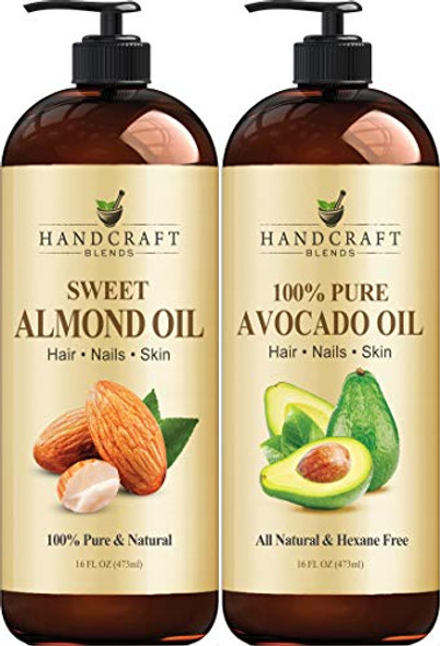 Handcraft Sweet Almond Oil and Handcraft Avocado Oil – 100% Pure and Natural Oils –Premium Therapeutic Grade Carrier Oils for Aromatherapy, Massage, Moisturizing Skin and Hair – 16 fl. Oz