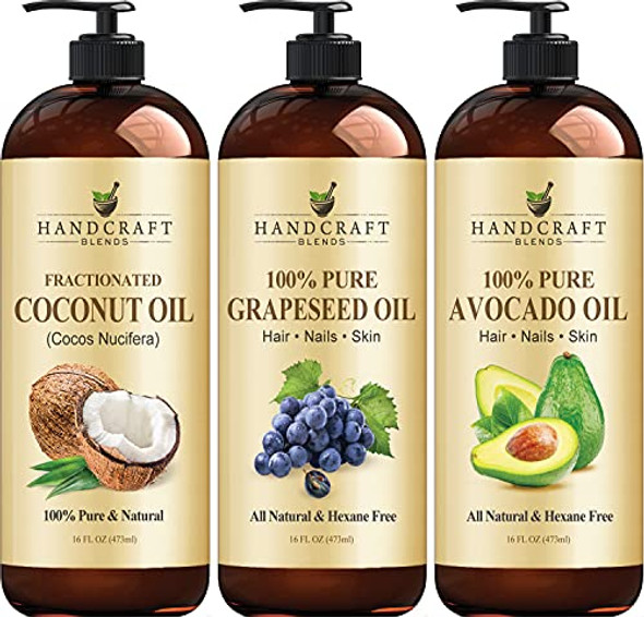 Handcraft Fractionated Coconut Oil and Grapeseed Oil and Avocado Oil - 100% Pure and Natural - Premium Therapeutic Grade Carrier Oils for Aromatherapy, Massage, Moisturizing Skin and Hair, Huge 16 Oz