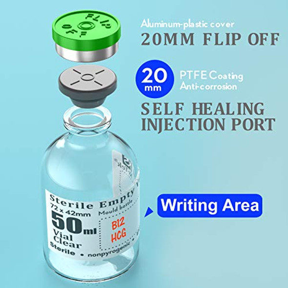 Sterile Empty Vials with Self Healing Injection Port,with Flip Off Aluminum Cap,Sterile Package (50ml,6)