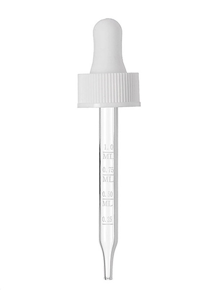 20-400 White PP plastic ribbed skirt dropper assembly with rubber bulb and 76 mm straight tip laser etched glass pipette