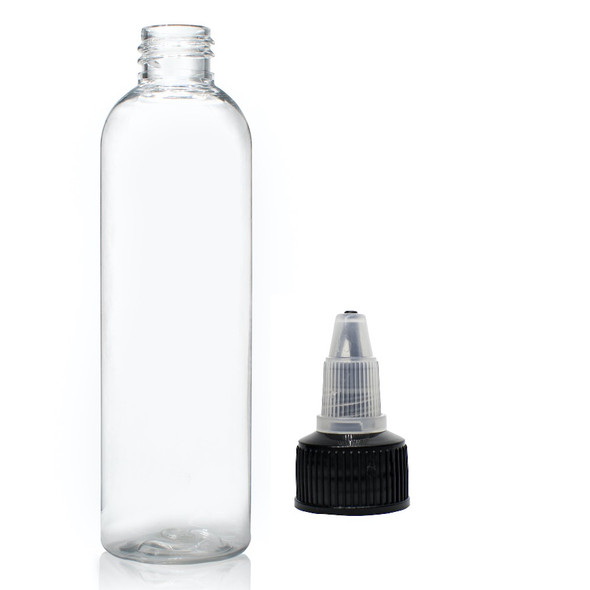 8 oz clear PET imperial round bottle with 24-410 neck finish - w/ Black HDPE and natural-colored LDPE 24-410 twist-open dispensing cap