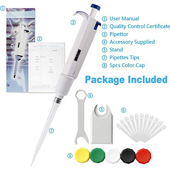 FOUR E'S SCIENTIFIC 100uL-1000uL High-Accurate Single-Channel Manual Adjustable Variable Volume Pipettes with 20pcs 1000uL Tips