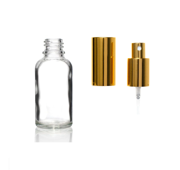 1 oz Clear Euro Glass Spray Bottles w/ Shiny Gold Sprayer