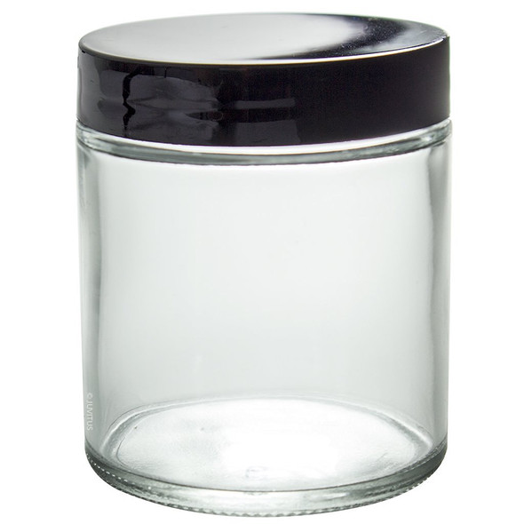 8 oz CLEAR GLASS Jar Straight Sided w/ Black Plastic smooth Cap - pack of 12