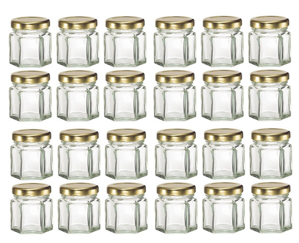 Mini Hexagon Glass Jars, 1.5 oz with Gold Lid, Pack of 24