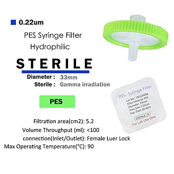 Syringe Filter, Sterile, PES Membrane 0.22um Pore Size, 33mm Membrane Diameter, Individually Packed, 20/pk by Labfil Syringe Filter, Sterile, PES Membrane 0.22um Pore Size, 33mm Membrane Diameter, Individually Packed, 20/pk by Labfil