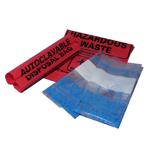 Autoclave bags, 24x32" (61 x 81.3cm), clear, biohazard, printed, marking area, 200/cs
