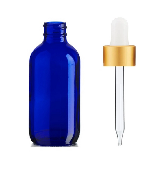 4 Oz Cobalt Blue Glass Bottle w/ White Matte Gold Glass Dropper