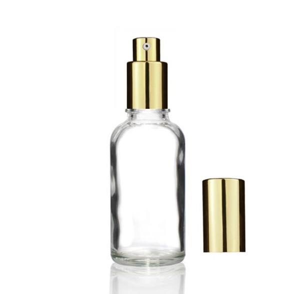 50 ml  Clear Euro Dropper Bottle with Shiny Gold Treatment Pump 18-DIN neck finish