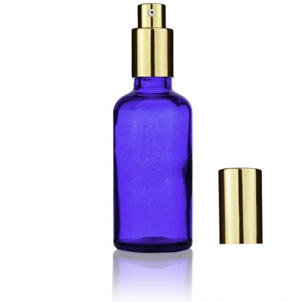 30 ml Cobalt Blue Euro Round Glass Bottle with Shiny Gold  Treatment Pump with 18-DIN Neck Finish