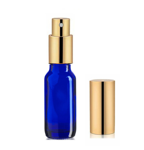1/2 oz (15ml) Cobalt Blue Glass Bottle with  Shiny Gold Treatment Pump 18-400 neck finish