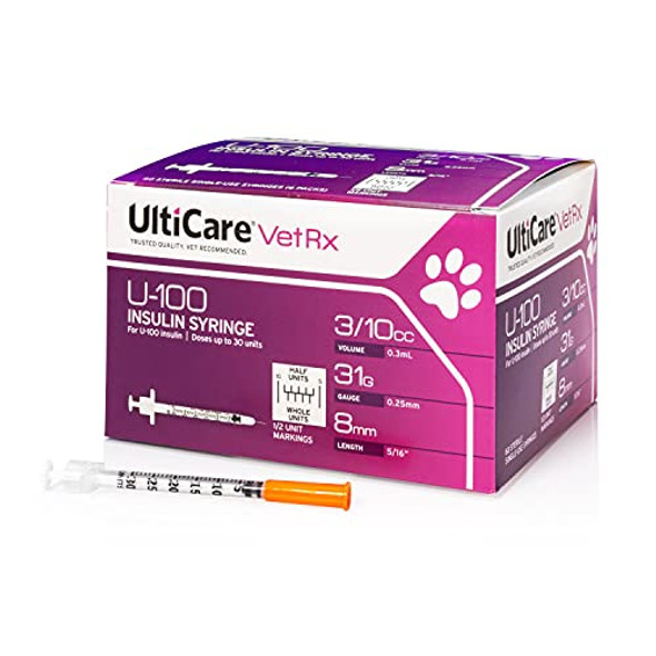 UltiCare VetRx U-100 Pet Insulin Syringes, Comfortable & Accurate Dosing of Insulin for Pets, Compatible w/Any U-100 Strength Insulin, Size: 3/10cc, 31G x 5/16’’, w/Half Unit Markings, 60 ct Box