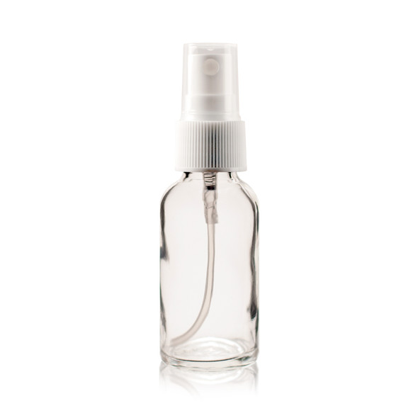 1 oz (30ml) CLEAR Glass Bottle - w/White Fine Mist Sprayer