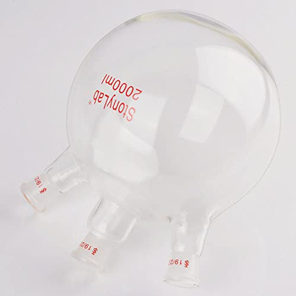 stonylab Glass Heavy Wall 3 Neck Round Bottom Flask RBF, with 19/22 Center and Side Standard Taper Outer Joint (2000ML)