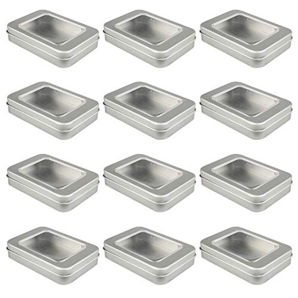 12 Pack Empty Rectangular Metal Storage Organizer Tins with Clear Window Hinged Lids for Candies, Gifts & Treasures (Silver)