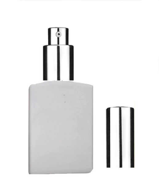 1 oz White SQUARE Glass Bottle w/ Shiny Silver Treatment Pump  18-415 Temper Evident Neck Finish