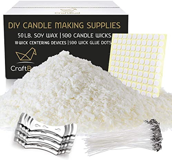Candle Wax - DIY Candle Making Supplies with 50 LB Soy Wax for Candle Making - Full Candle Making Kit for Adults and Kids with 50lb Soy Candle Wax Flakes, 500 Pre-Waxed Candle Wicks and More