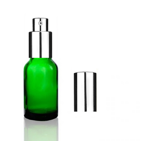30 mL Green glass euro dropper bottle with Shiny Silver Treatment Pump 18-DIN neck finish