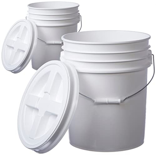 Hudson Exchange 5 Gallon (2 Pack) Bucket Pail Container with Gamma Seal Lid, Food Grade BPA Free HDPE, White, (2020+2240-2)