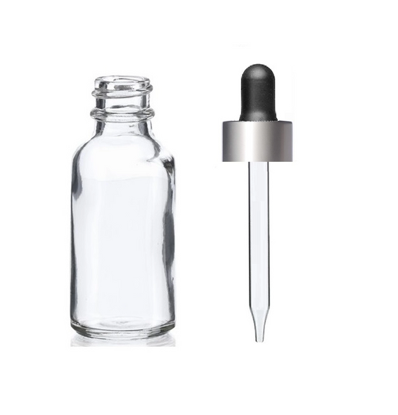 2 oz CLEAR Glass Bottle - w/ Black Matt Silver Dropper