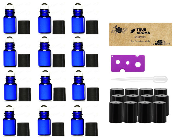 12 pcs, Cobalt Blue, 3 ml Glass Roll-on Bottles with Stainless Steel Roller Balls (12 piece Set)