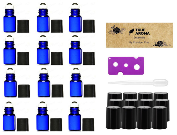 12 pcs, Cobalt Blue, 2ml Glass Roll-on Bottles with Stainless Steel Roller Balls (12 piece Set)