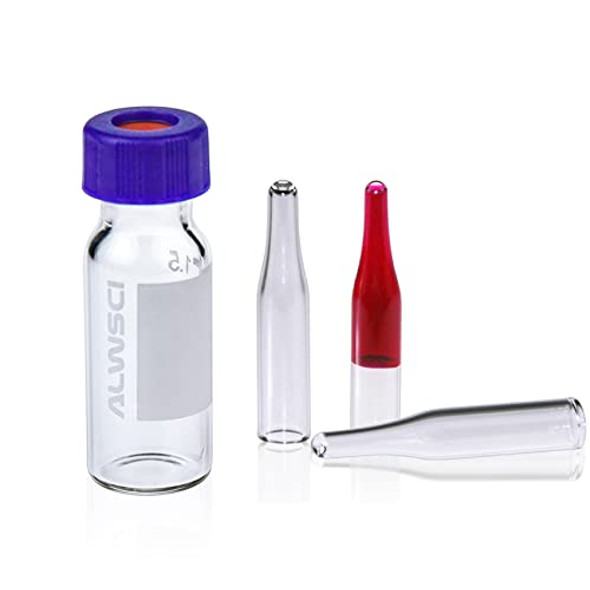 ALWSCI 2ml 9mm HPLC Vial, Clear Autosampler Vial Graduation, 9-425 Blue Screw Cap with Hole, White PTFE&Red Silicone Septa and 0.25mL Vial Inserts, Glass, Conical Base, 100 pcs/pk