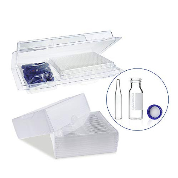 ALWSCI 2ml 9mm HPLC Vial, Clear Autosampler Vial Graduation, 9-425 Blue Screw Cap with Hole, White PTFE&Red Silicone Septa and 0.25mL Vial Inserts, Glass, Conical Base, 100 pcs/pk