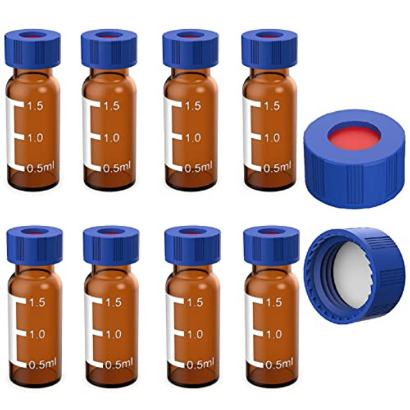 Autosampler Vial - 2ml HPLC Vial | 9-425 Amber Vial with Blue Screw Caps | Writing Patch | Graduation | White PTFE & Red Silicone Septa Fit for LC Sampler (1000pcs)