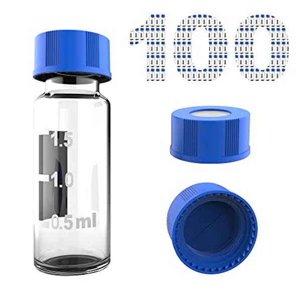 SCIEEN Autosampler Vial, 2ml HPLC Vial, Clear Lab Vial, Sample Vial with Writing Area, 9-425 Screw-Thread Vial, Blue Screw Cap with Hole, Pre-Slit Blue PTFE & White Silicone Septa 100 Pack