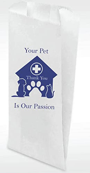 Pet Themed White Paper Prescription Bag with Stock Logo 'Your Pet Is Our Passion' 5" x 2" x 10" (100ct)