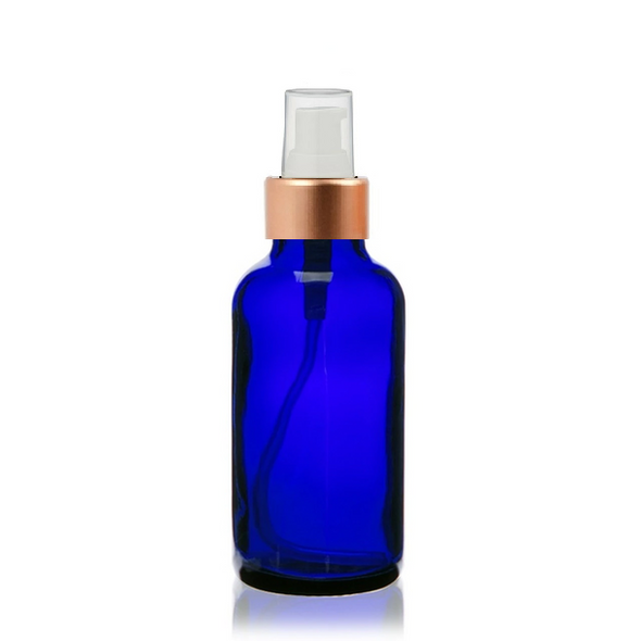 2 Oz Blue Glass Bottle w/ White-Rose Gold Treatment Pump