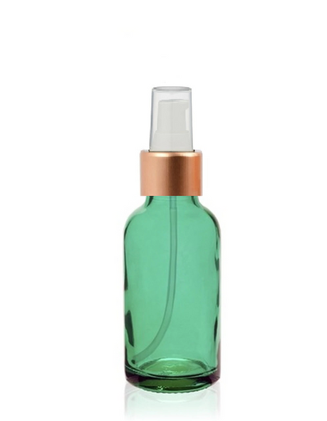 1 oz Caribbean Green Glass Bottle w/ White-Rose Gold Treatment Pump