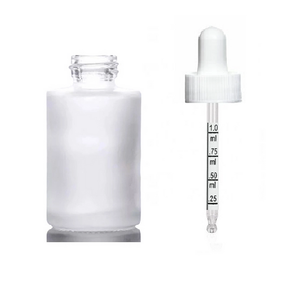 1 Oz Frosted Cylinder Glass Bottle w/ White Calibrated Bullnose Dropper