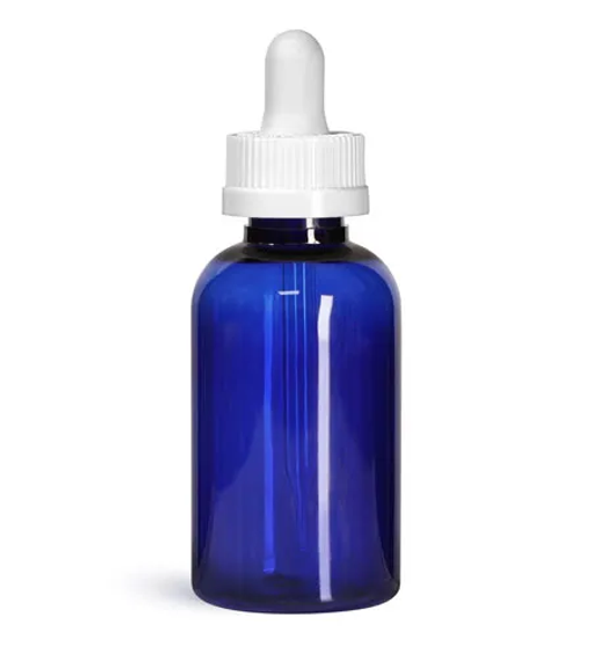 Cases of 410 - 2 oz Blue Plastic Boston Round PET Bottle 20 neck finish - w/ 20 neck White Child Resistant Dropper