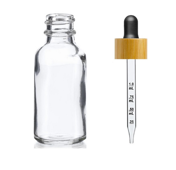 1 oz Clear Glass Bottle w/ Black-Bamboo Calibrated Glass Dropper