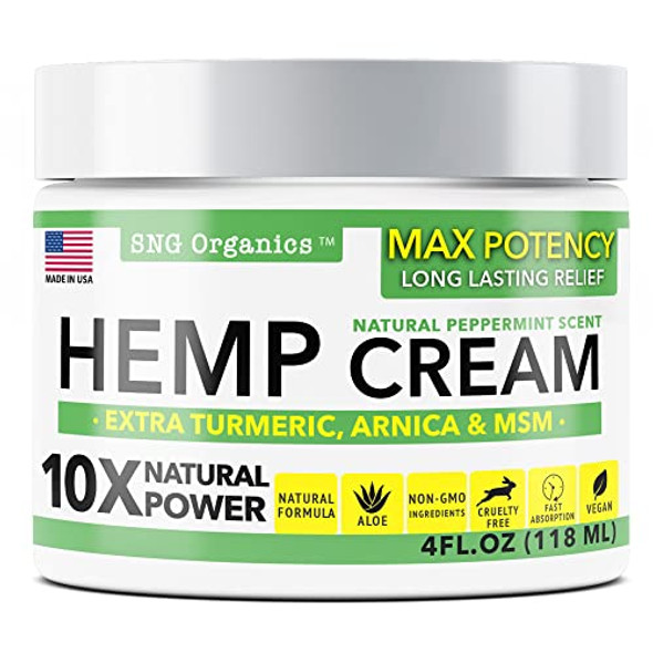 Hemp Cream - Made in USA - 4 oz - New Increased Potency Formula - Fast Acting Cream with Extra Turmeric, Arnica & Hemp Extract - Hemp Oil Cream - Back Pain, Muscle Pain, Knee Pain, Neck Pain by SNG